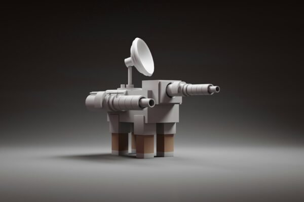 a lego dog with a white bowl on its head