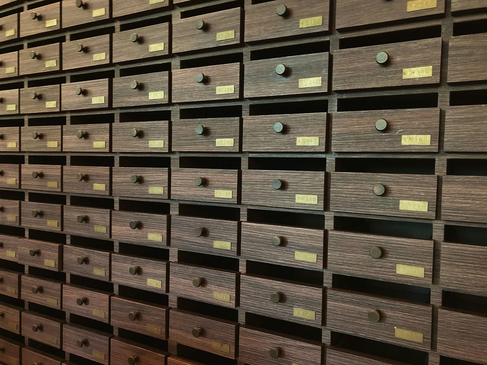 A wall full of many drawers in a room