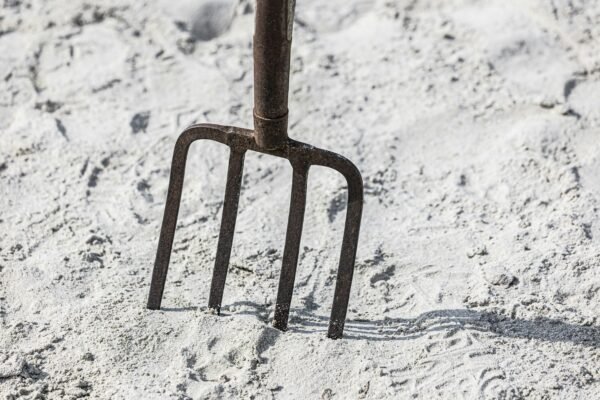 A fork stuck in the sand on a beach