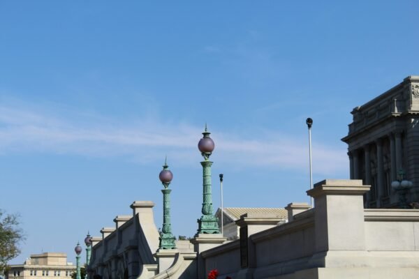 A row of buildings with street lamps on top of them