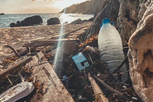 a bottle of water on a beach