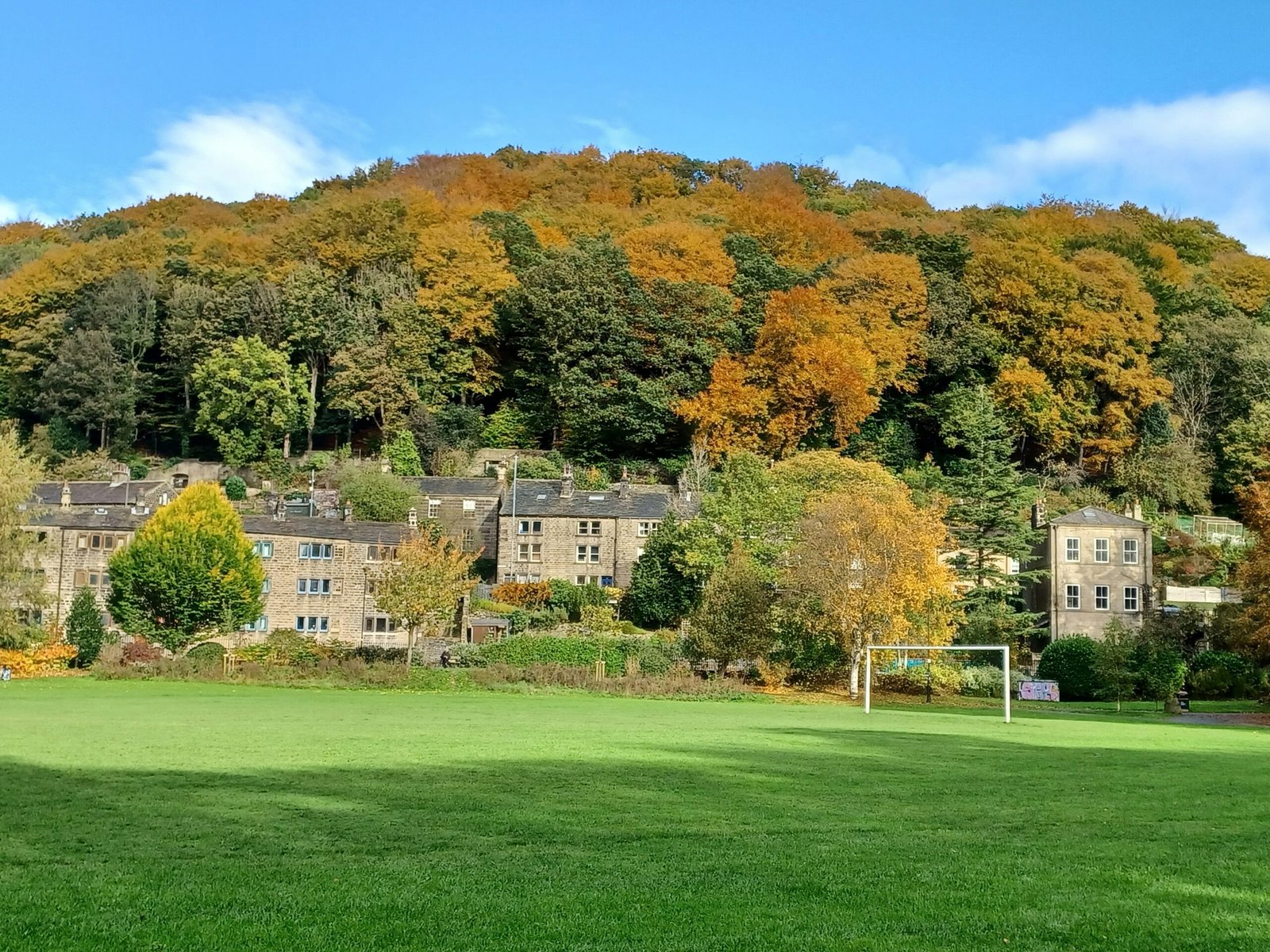 Autumn trees cover a hillside above village buildings.